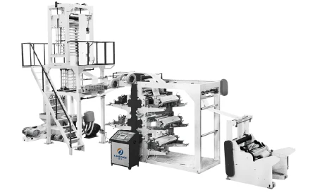 Blown-film machine with flexographic printing
