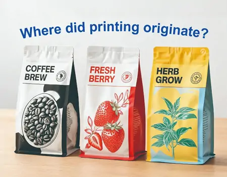 Colorful flexographic printed stand‑up food packaging bags on wooden table