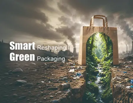 Creative smart green packaging concept banner, paper‑bag arch connecting polluted industrial scene and fresh forest landscape