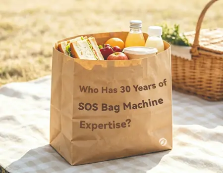 SOS kraft paper bag filled with picnic food, printed with SOS bag machine expertise slogan